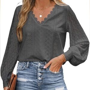 Cupshe Gray Lace V-Neck Eyelet Blouse